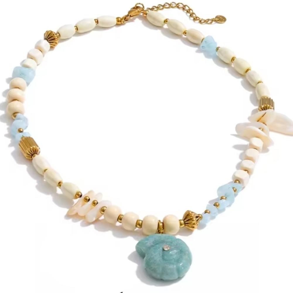 Natural Stone & Shell Bohemian Statement Necklace | NWOT